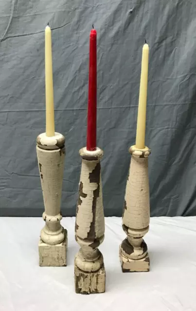 Set 3 Turned Wood Shabby White Spindles Candle Stick Holders Old VTG 2081-23B