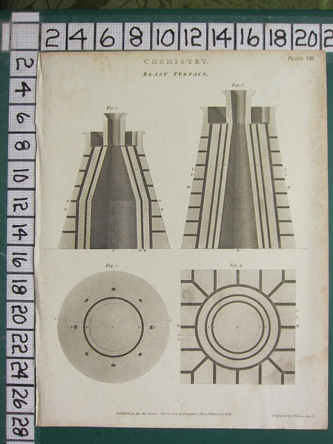1804 Dated Antique Print ~ Chemistry Blast Furnace Sectional Plan View
