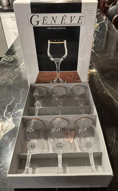 6 Bohemia Geneve Water Wine Goblet Ribbed Stems Gold Rim Crystal Set Glass 230ml