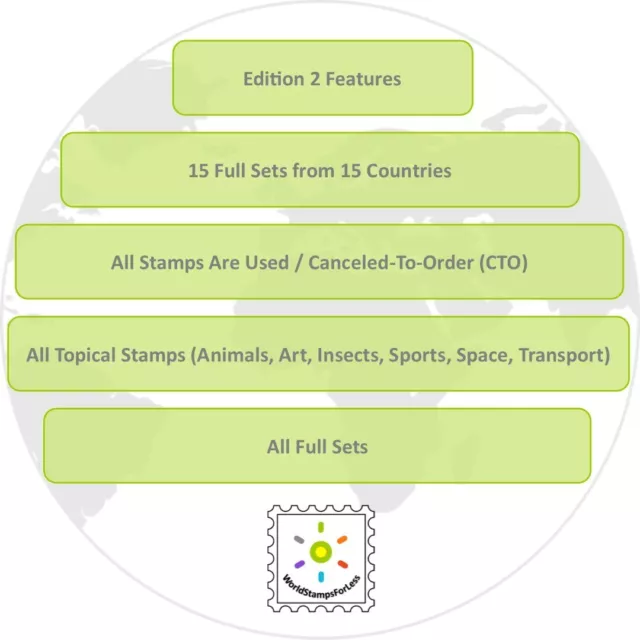 Sondeli Worldwide Stamp Collection Used (CTO) (Edition 2) - 15 Full Sets 2