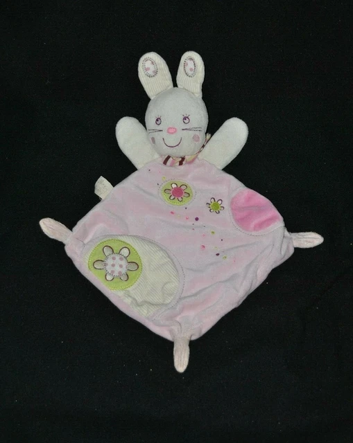 Peluche doudou lapin blanc NICOTOY plat rose fleurs écharpe rayée my baby TTBE