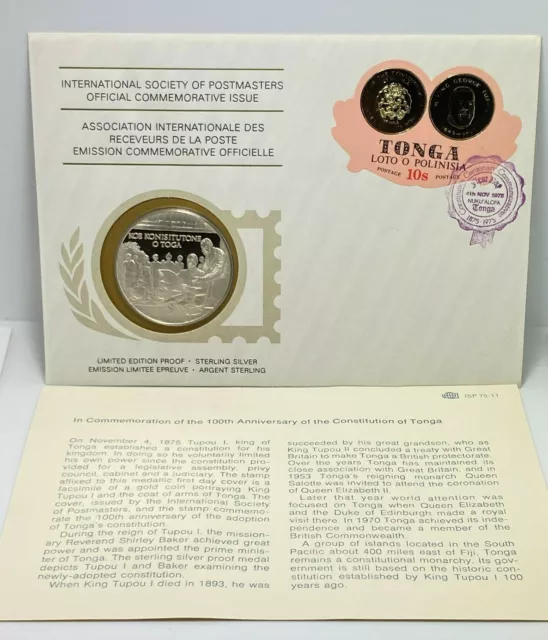 Intl Society of Postmasters Sterling Silver Proof Medal Constitution of Tonga