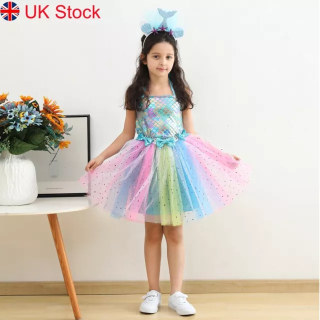 UK Girls Kids Fancy Tutu Dress Up Princess Cosplay Party Costume Outfit Mermaid