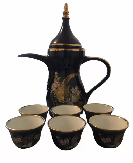 Vtg Cobalt blue Japanese Peacock Design Floral Porcelain Tea Set 7 pcs Gold Trim