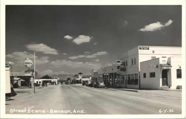 BENSON ARIZONA MAIN STREET SCENE real photo postcard VINTAGE AZ RPPC 1950s shell