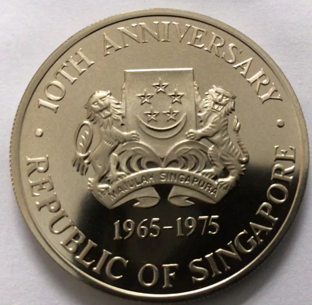 1975 Singapore 10th Anniv of Independence Large 10 Dollars Proof  Silver