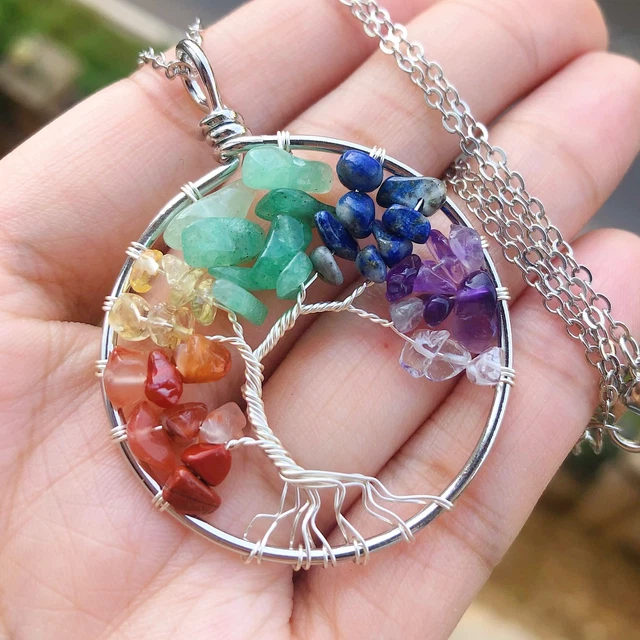 Natural 7 Charka Gems Tree Of Life Necklace Chakra Reiki Healing Amulet
