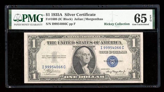 DBR 1935-A Silver Gem Fr. 1608 IC Block PMG 65 EPQ Serial I99954066C