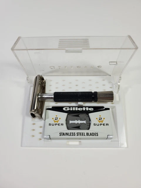 Vintage Gillette Safety Razor Handle Black with Case Blades