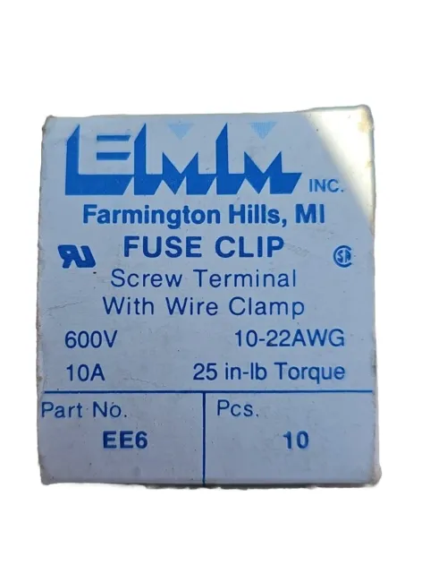 EMM Fuse Clip Screw Terminal w/Wire Clamp EE6 600V 10A 10 Pcs Per Box