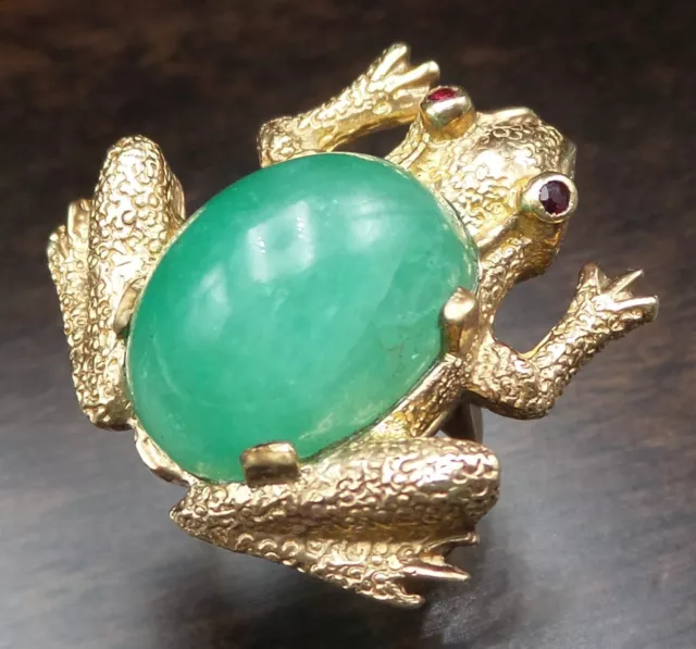 Very Unusual and Heavy Vintage 14K Gold, Ruby & Green Gemstone Frog Ring 2