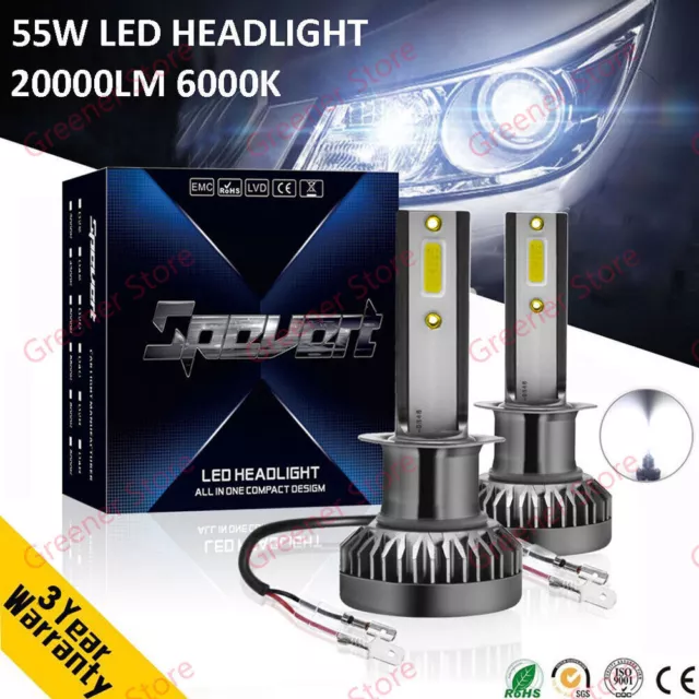2X 55W 20000LM H1 Beam LED Ampoule Voiture Feux Lampe Kit Phare Blanc 6000K