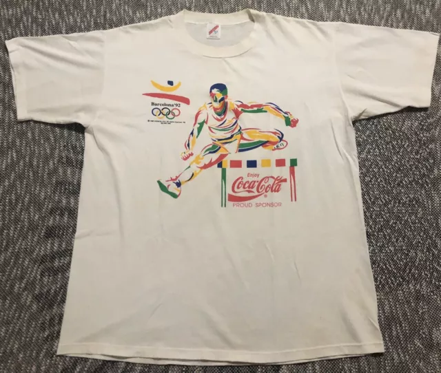 Vintage Barcelona '92 T-Shirt Summer Olympics & Coca Cola Adult XL 46-48USA Made