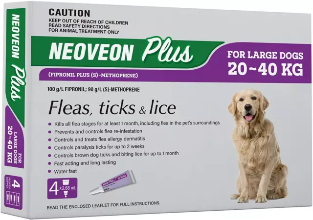 Neoveon plus for Large Dogs (20-40Kg), 4 Pack. Controls Ticks, Fleas and Lice...