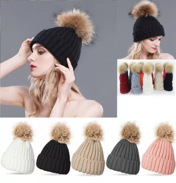 Ladies Womens Winter Knitted Beanie Ski Hat Detachable Faux Fur Bobble Pom Pom