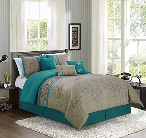 7piece Bedding Comforter Set Teal Cherry Blossoms Floral Bedding Comforter Queen