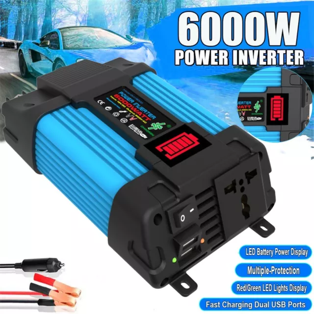 6000W Car Power Inverter DC12V To AC110/220V Pure Sine Wave 2USB LCD Display