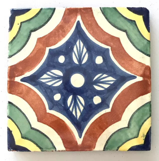Mexican Tile Glazed Ceramic Pottery Colorful Hand Painted Design Trivet 7-5/8"