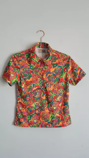 Y2K Rodi Rebel Bright Floral stretchy polo shirt blouse top size M