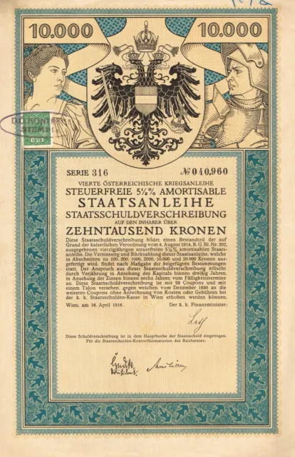 AUSTRIA 5 1/2% 1916 10000 KRONEN stock/bond certificate