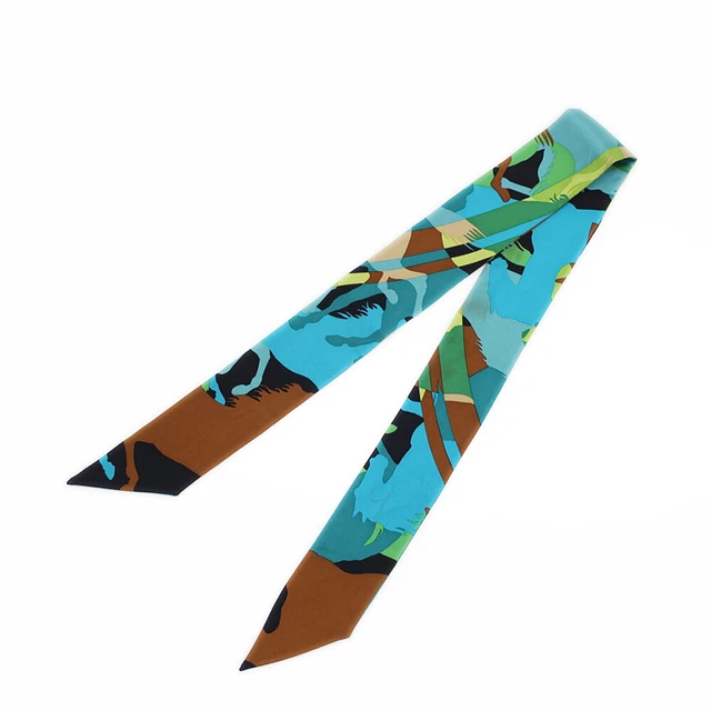 HERMES Twilly Ex Libris Camouflage Blue Green Scarf Silk Horse W