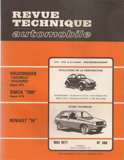 Revue Technique Automobile 368 Rta 1977 Renault 14 Vw Coccinelle Combi Simca 110