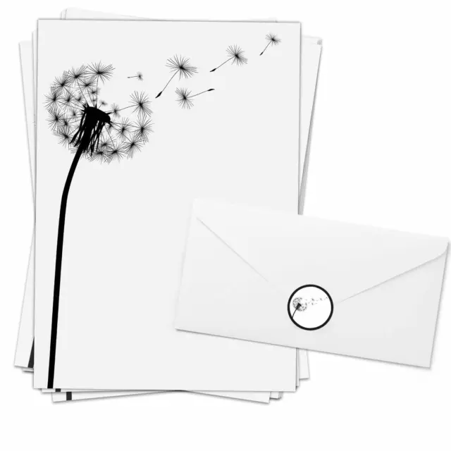 20 Blatt Trauerpapier im Set A4 Briefbögen Etiketten Umschläge Motiv Pusteblume
