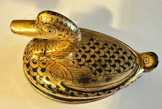 Vintage Burmese Black and Gilded Gold Leaf Lacquered Wooden Duck Trinket Box 5”