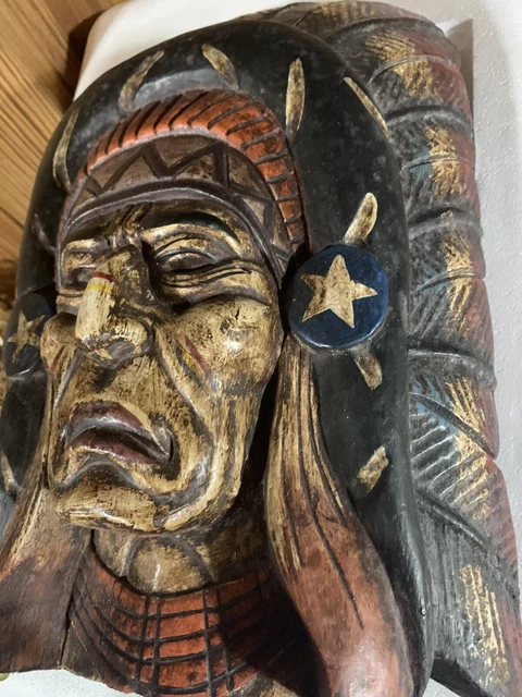 Wood Indian Head Chief Bust Tobacco Store Cigar Shop Sculpture 15”