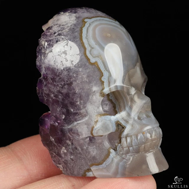 2.1" Agate Amethyst Geode Hand Carved Crystal Skull Fine Art Sculpture, Healing