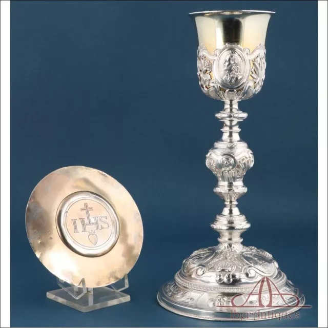 Large Antique Solid Silver Chalice and Paten. 31 cm. France, 19th Century