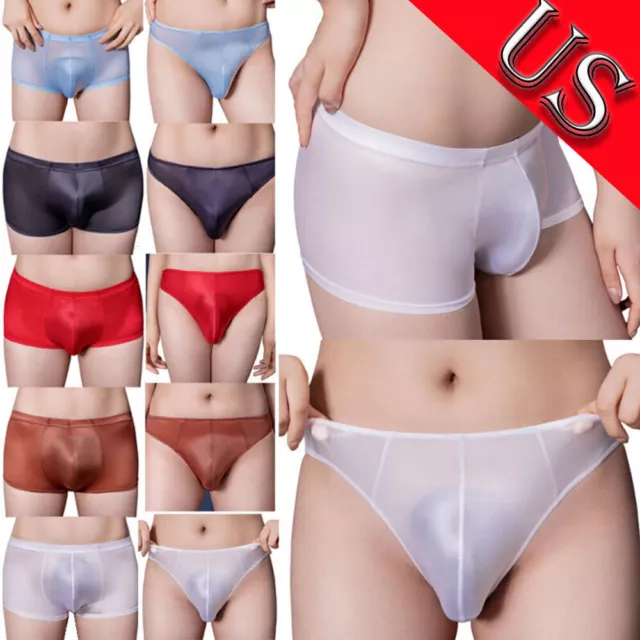 US Mens Sissy Panties Glossy Ultra Thin Ice Silk Briefs Transparent Boxershorts