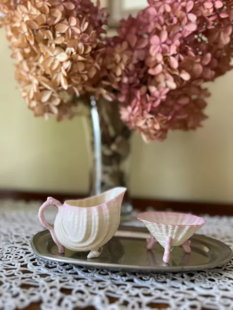 Vintage Irish Belleek Pink Neptune, 5th green mark sea shell sugar and cream set