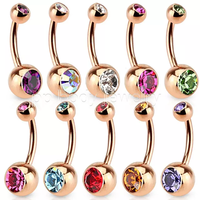 16G 14G Rose Gold IP Surgical Steel Double Gem Navel Ring Belly Button Ring