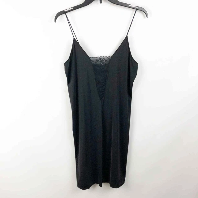 Natori Womens Lace Trim Slip XL Black Plunge V Modest NWOT