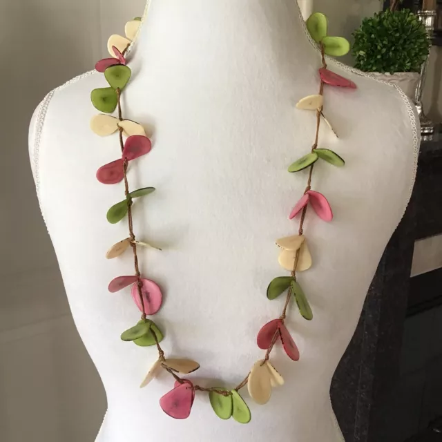 TAGUA Nut Necklace Long Strand 38” Pink Green Butterfly Wing Boho Fair Trade NEW