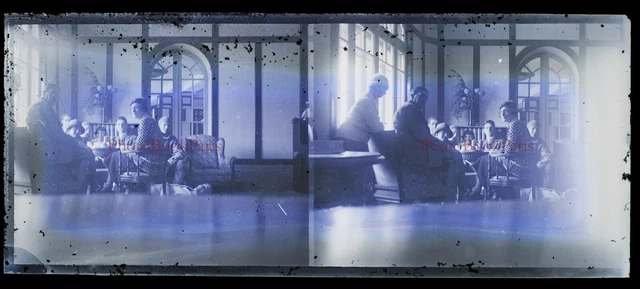 Famille Intérieur c1930 Photo NEGATIVE Plaque verre Stereo Vintage PL28L9n