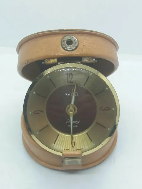 Small Vintage Brass Avon Travel Alarm Clock in Leather Case