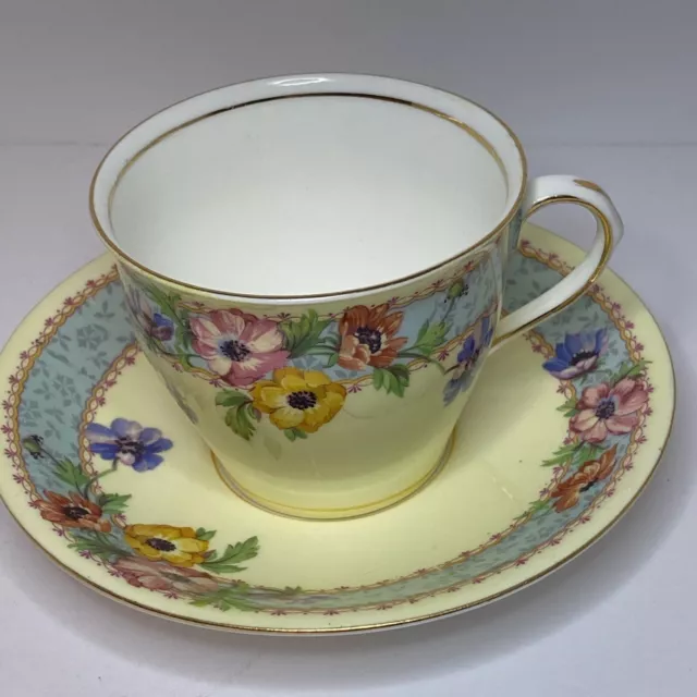 Vintage Aynsley Tea Cup and Saucer Yellow Blue Band Floral Bone China England 3