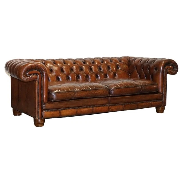 Hand Dyed Restored English Whiskey Brown Leather Chesterfield Club Sofa