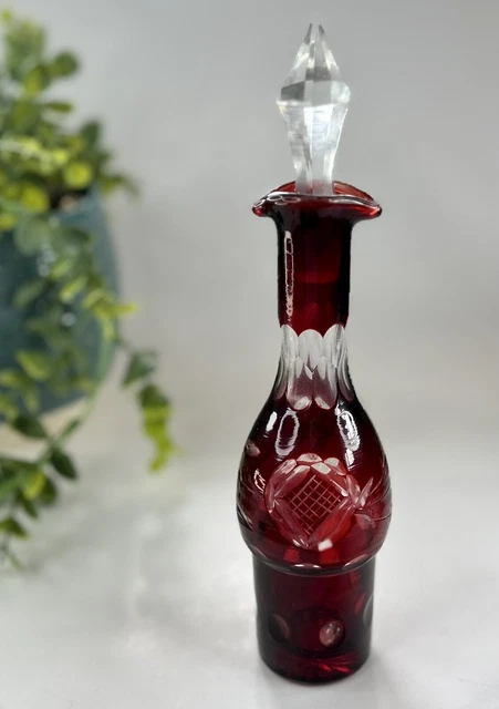 Bohemian Czech Glass Ruby Red Cut To Clear Cruet & Stopper