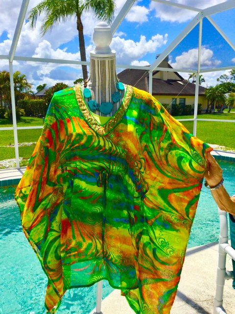CHICOS Green,Orange,Yellow Design DRAMATIC Bead Vneck X-lite SUMMER Tunic L/XL=2