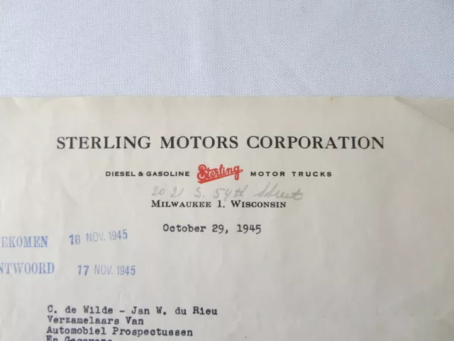 1945 Sterling Motor Truck Corporation Letter Letterhead Document