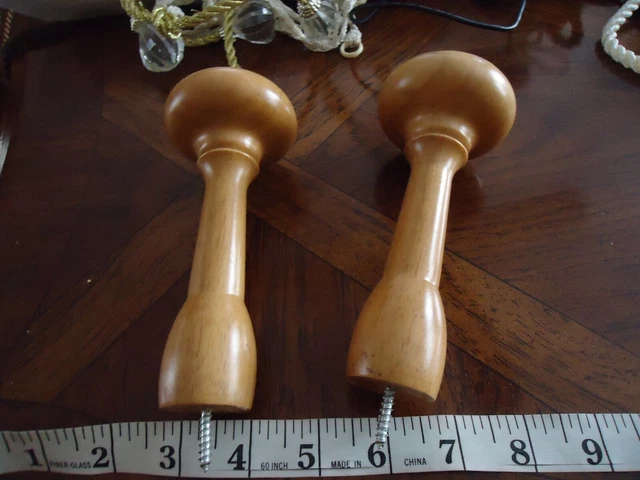 Set of Large SOLID OAK Drapery Holders + Corded/braided Tiebacks w/Acrylic Beads
