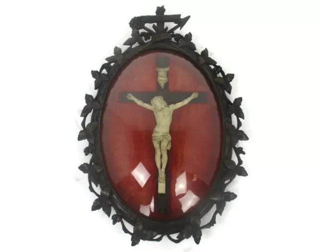 Vintage Wooden Oval Ornate Frame  Convex Glass Dome Crucifix Tools of Passion