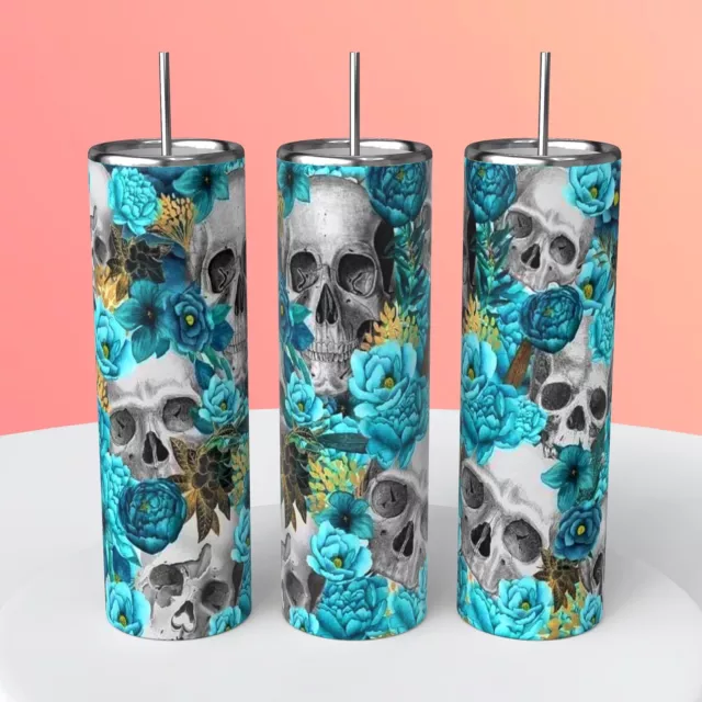 Skull and teal flowers 20oz stainless steel tumbler