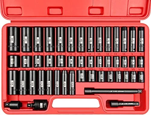48Pcs 3/8” Drive Impact Socket Set With Case,Standard SAE & Metric,6-Point,CR-V