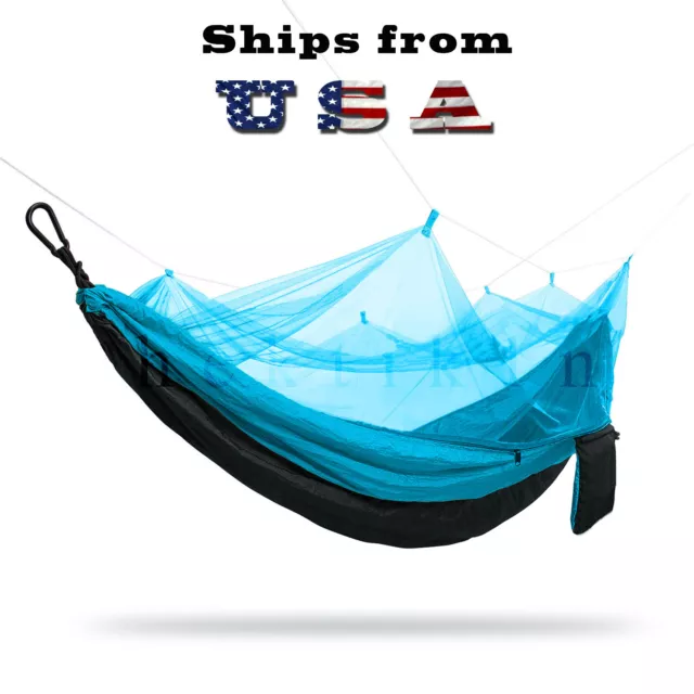 Double Outdoor Parachute Nylon Hammock with Mosquito Net Aqua Blue - Large