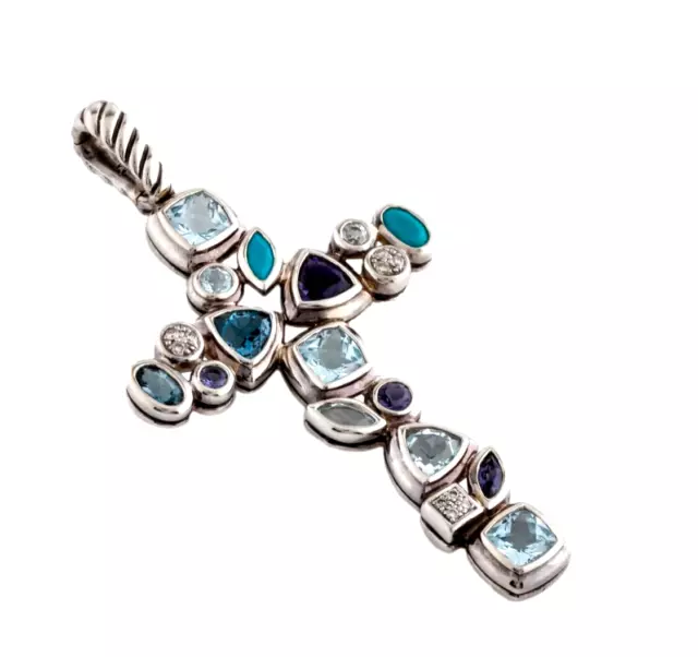 David Yurman  Ss Extra Large Confetti Diamond Topaz Iolite Turqu Cross Necklace