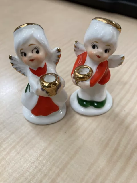 Vintage Napco Miniature Boy & Girl Angel Christmas Candle Holder Figurine #2